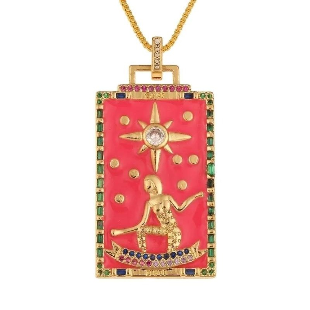 Star Tarot Card Pendant Necklace Gold Tone Pink Enamel Gemstone